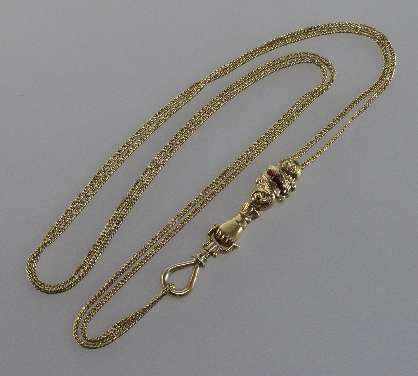 Antique Georgian 14K 10K Gold Garnet Hand Fist Necklace Slide Guard Chain C.1820