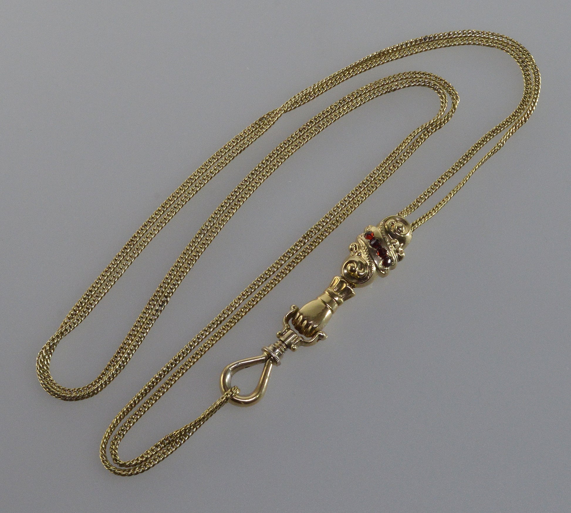 Antique Georgian 14K 10K Gold Garnet Hand Fist Necklace Slide Guard Chain C.1820