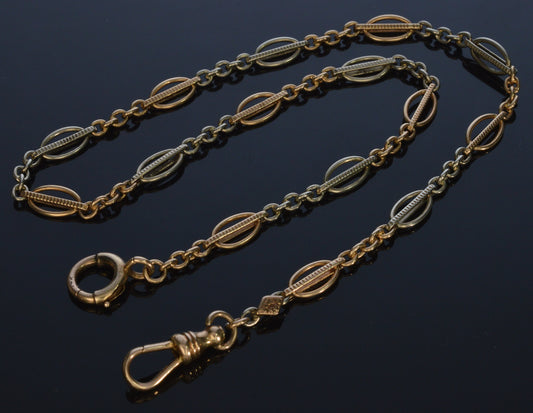 Antique Art Deco 14K Bi-Color Gold Watch Chain Necklace 14" C.1920