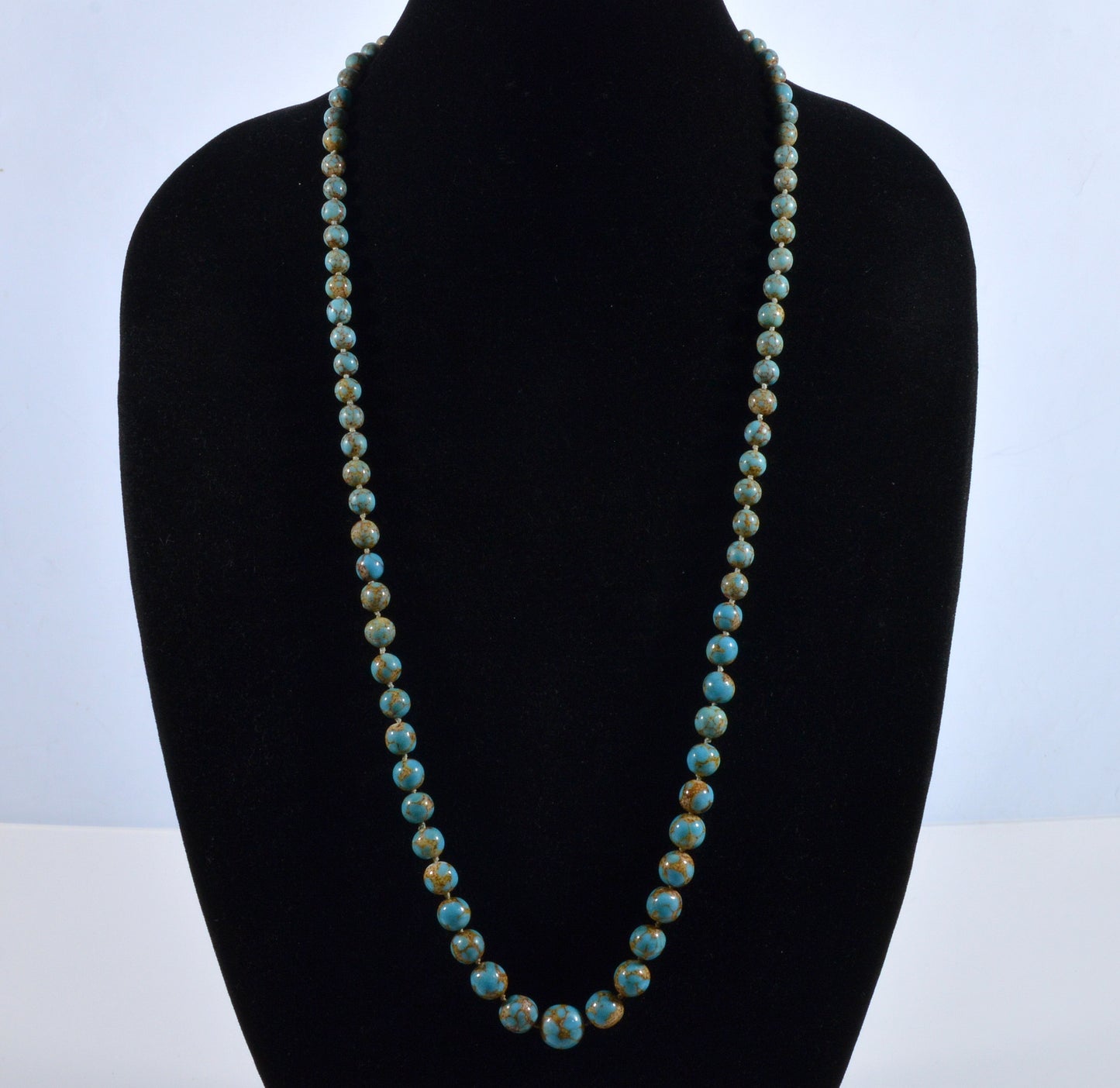 Art Deco Czech Hubbell Turquoise Glass Graduated Bead Necklace 32" C.1920