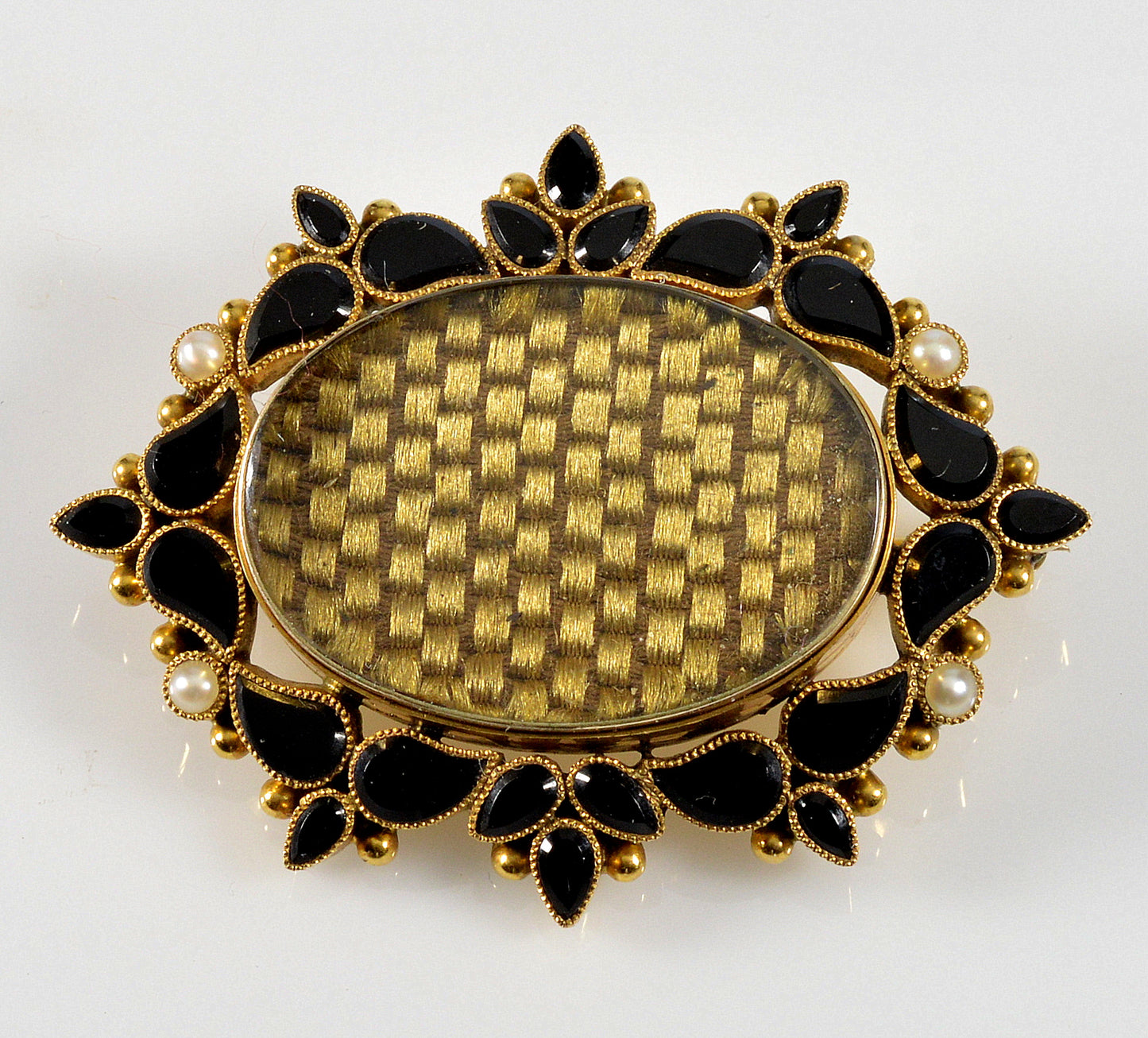 Victorian 14K Gold Onyx Mourning Brooch Braided Hair C.1860