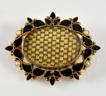 Victorian 14K Gold Onyx Mourning Brooch Braided Hair C.1860