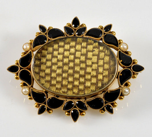Victorian 14K Gold Onyx Mourning Brooch Braided Hair C.1860
