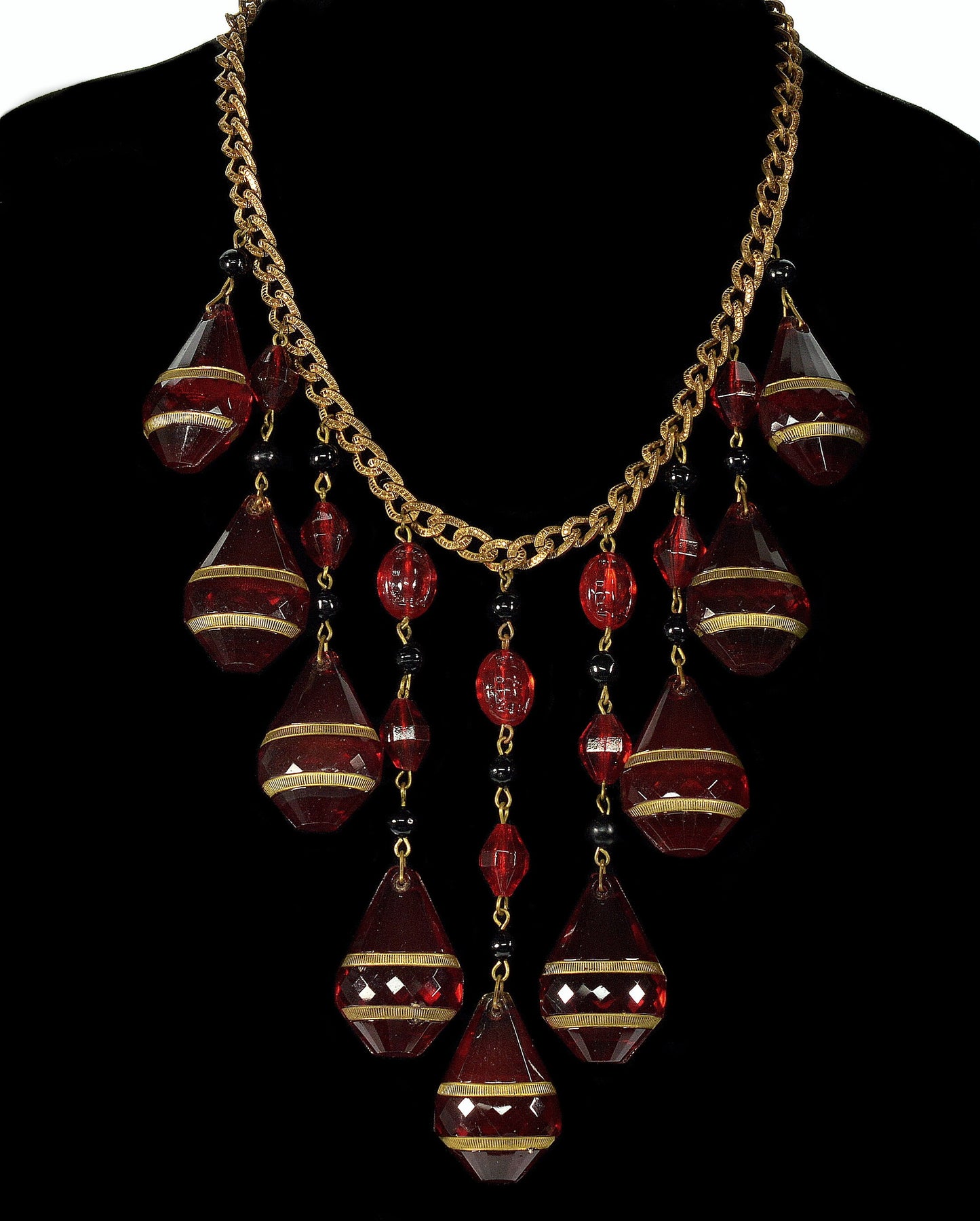 Art Deco Ruby Glass Cascade Necklace Signed Czechoslovakia C.1920