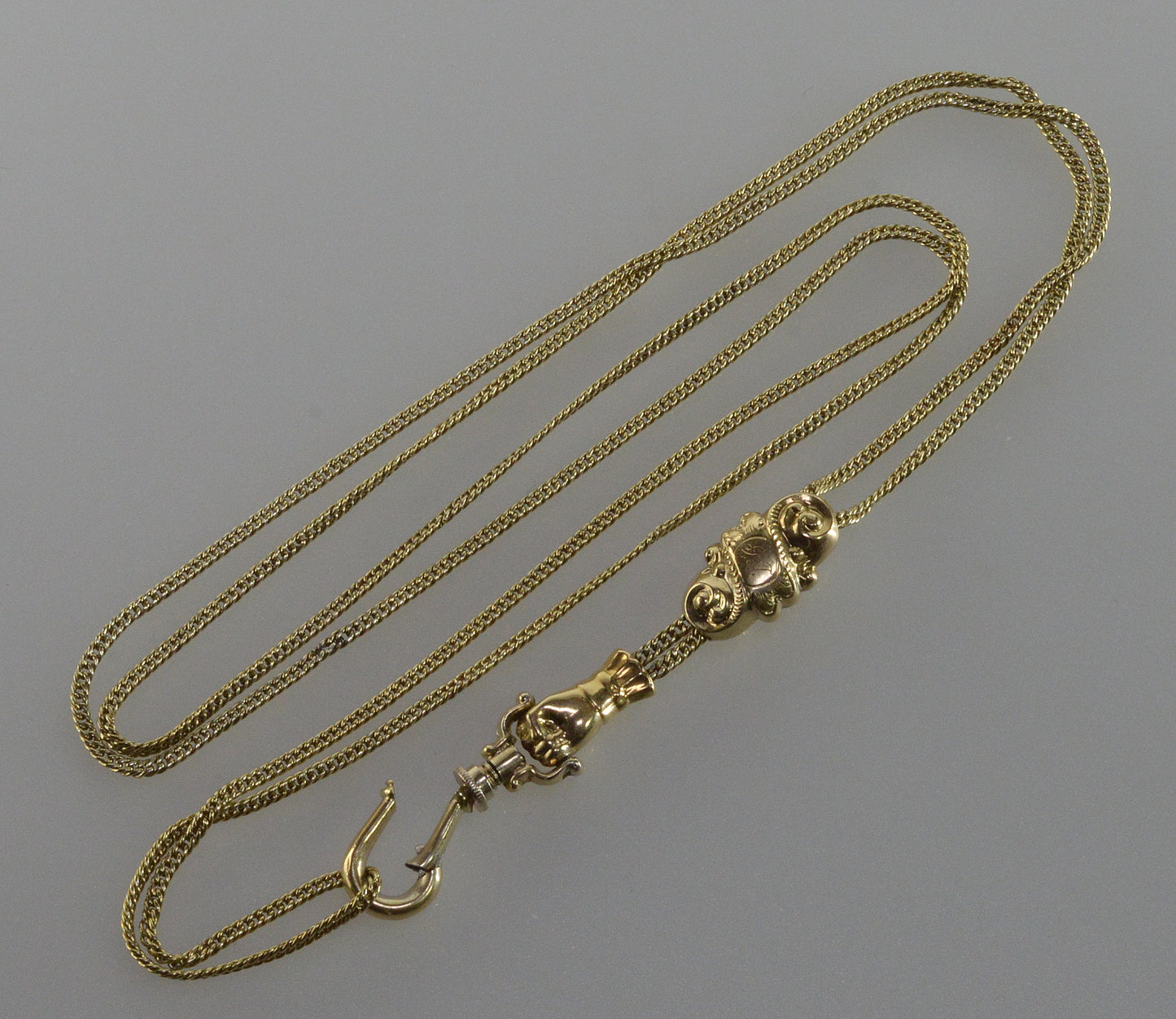 Antique Georgian 14K 10K Gold Garnet Hand Fist Necklace Slide Guard Chain C.1820
