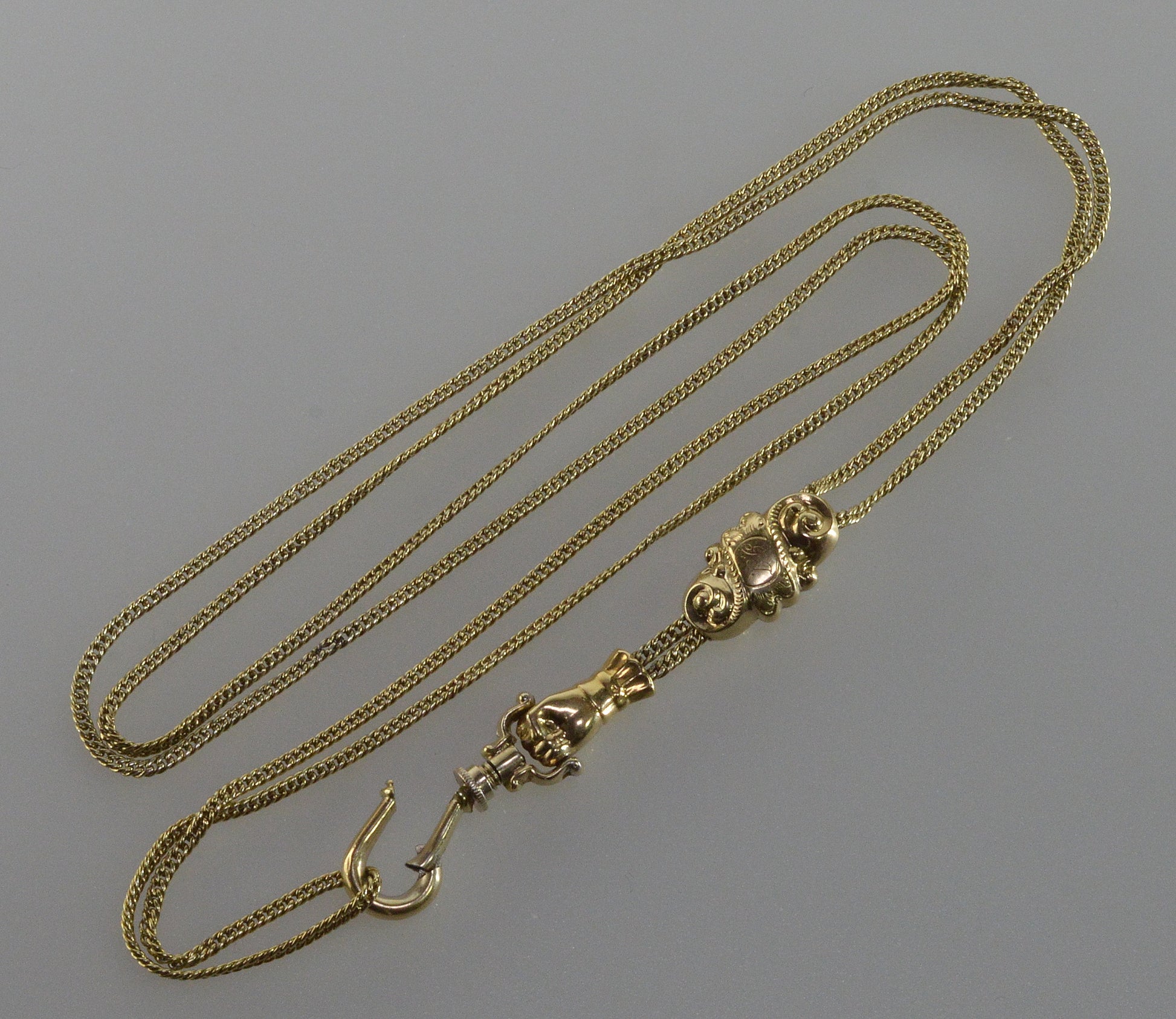 Antique Georgian 14K 10K Gold Garnet Hand Fist Necklace Slide Guard Chain C.1820