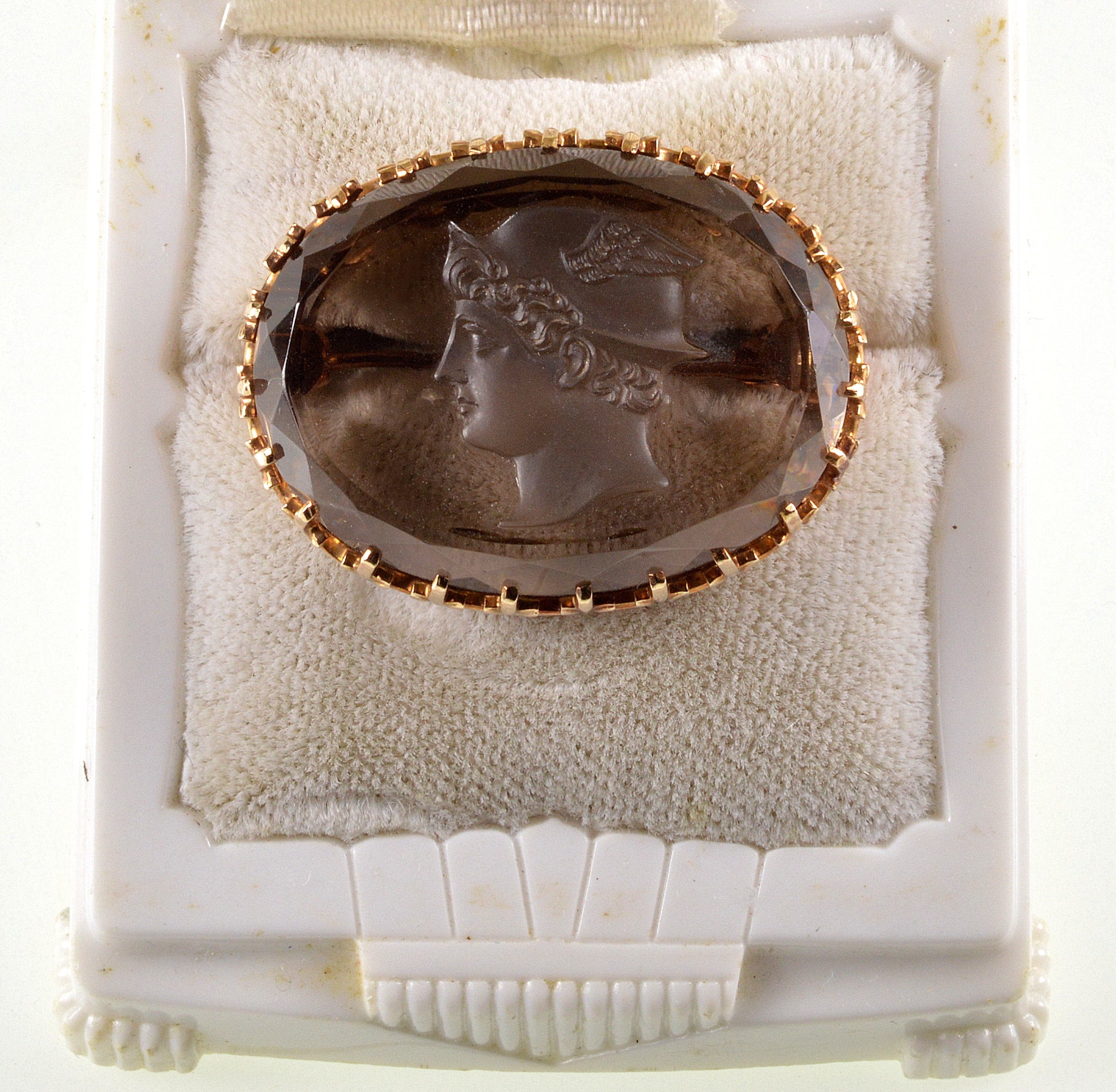 Antique Edwardian 10K Gold Hermes Cameo Brooch Pin Carved Smoky Quartz C.1900