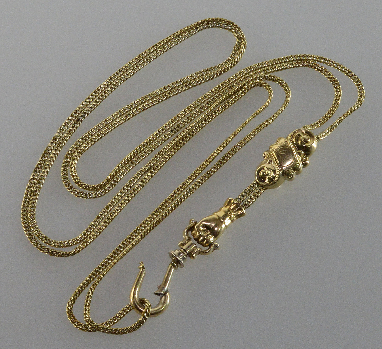 Antique Georgian 14K 10K Gold Garnet Hand Fist Necklace Slide Guard Chain C.1820