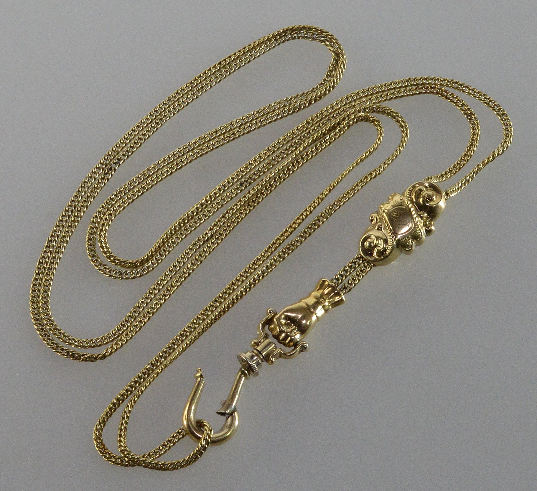 Antique Georgian 14K 10K Gold Garnet Hand Fist Necklace Slide Guard Chain C.1820