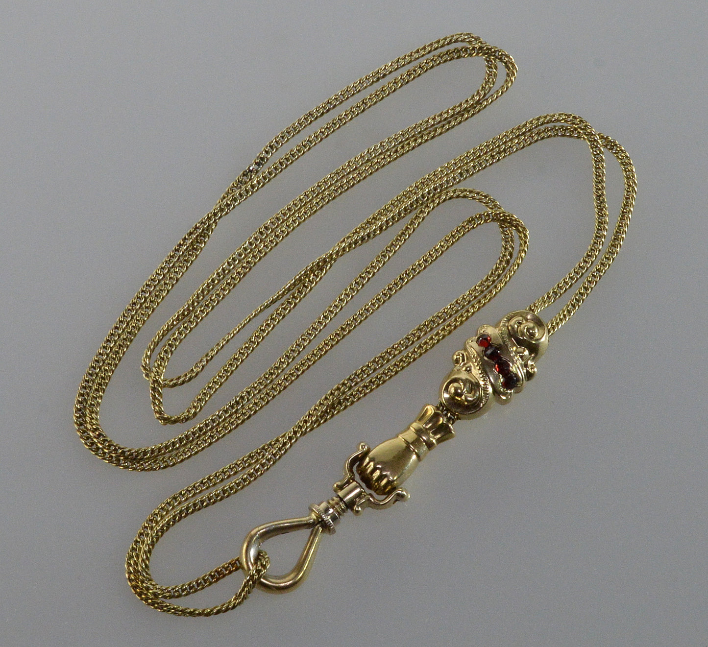 Antique Georgian 14K 10K Gold Garnet Hand Fist Necklace Slide Guard Chain C.1820