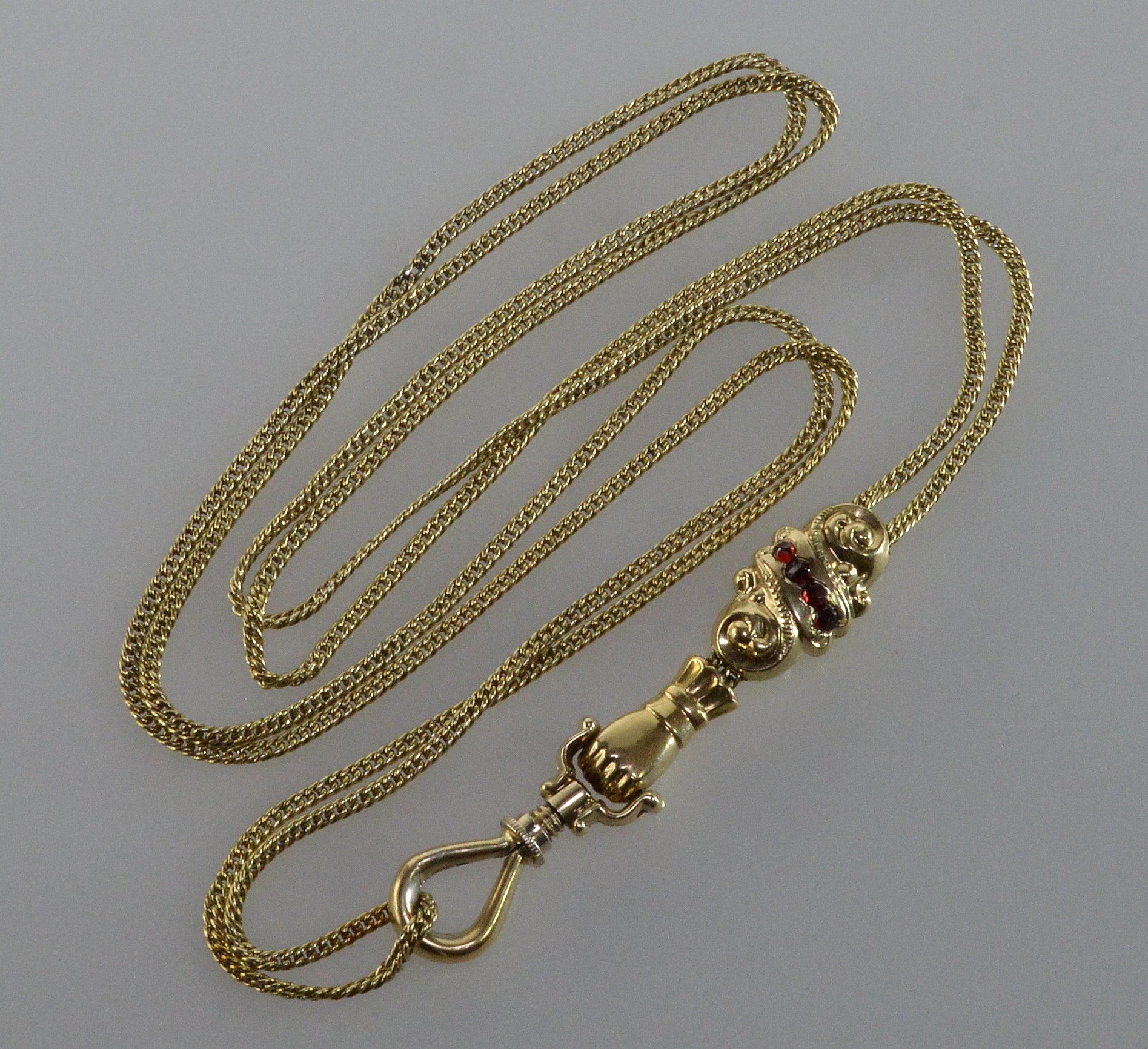 Antique Georgian 14K 10K Gold Garnet Hand Fist Necklace Slide Guard Chain C.1820