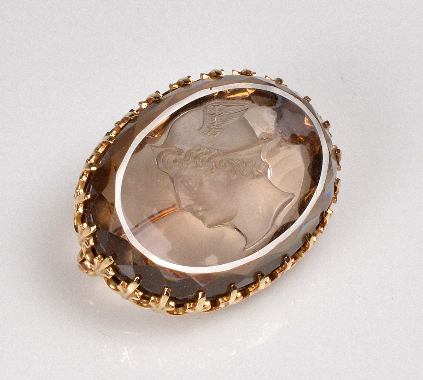 Antique Edwardian 10K Gold Hermes Cameo Brooch Pin Carved Smoky Quartz C.1900