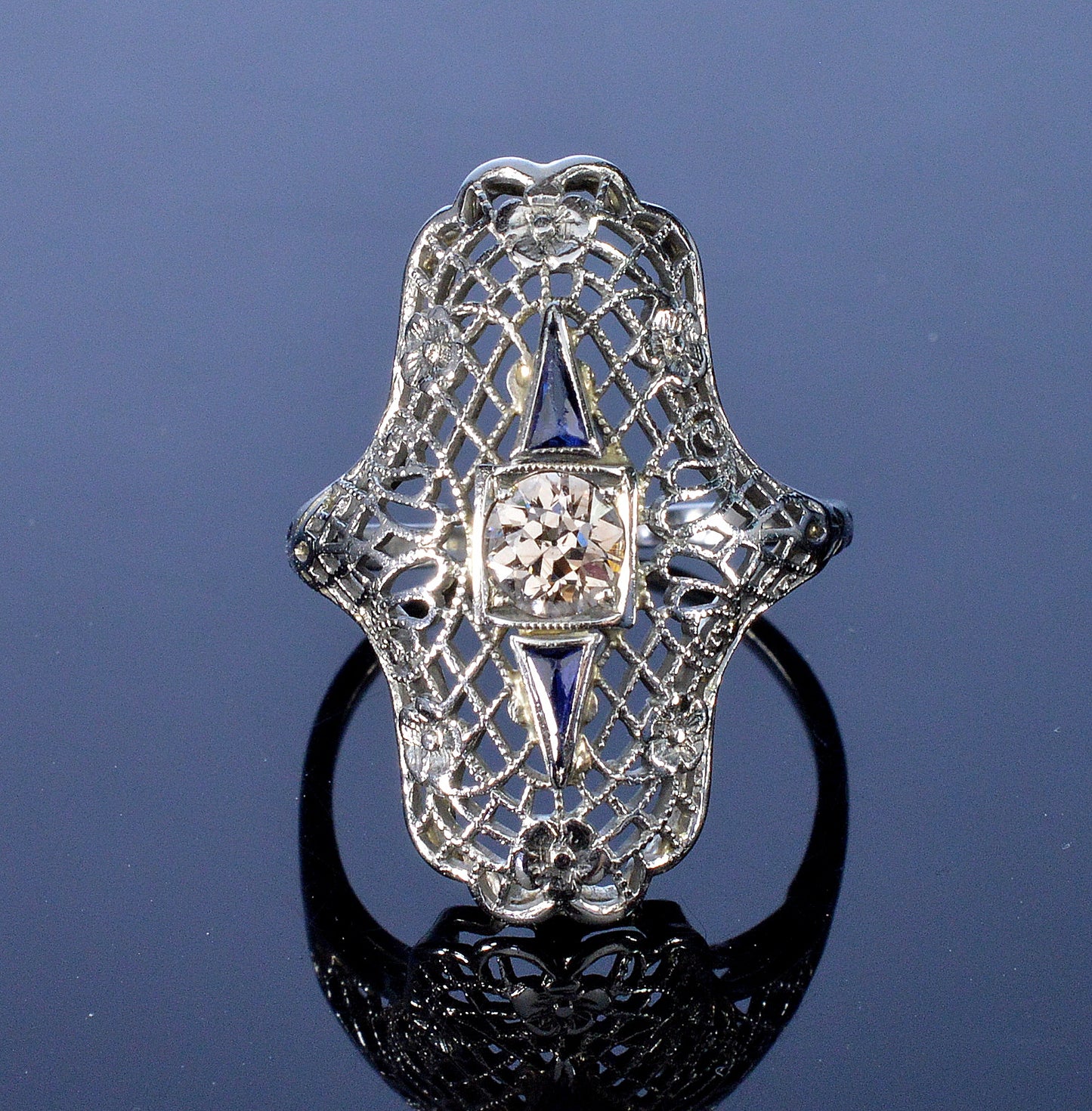 Art Deco 18K White Gold Diamond Sapphire Ring Size 5 3/4