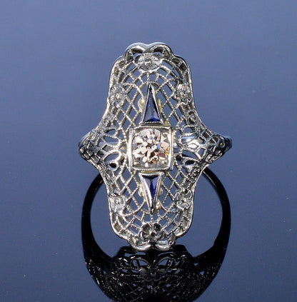 Art Deco 18K White Gold Diamond Sapphire Ring Size 5 3/4