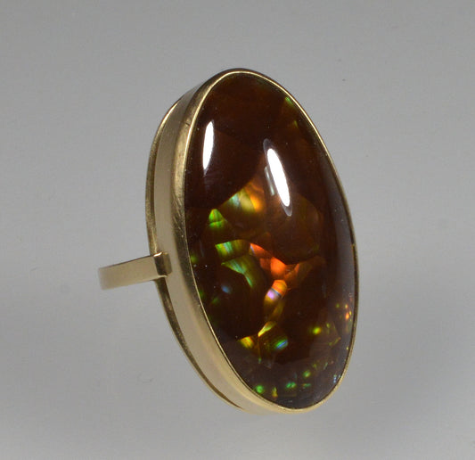 Rainbow Fire Agate 14K Gold Cocktail Ring Size 7