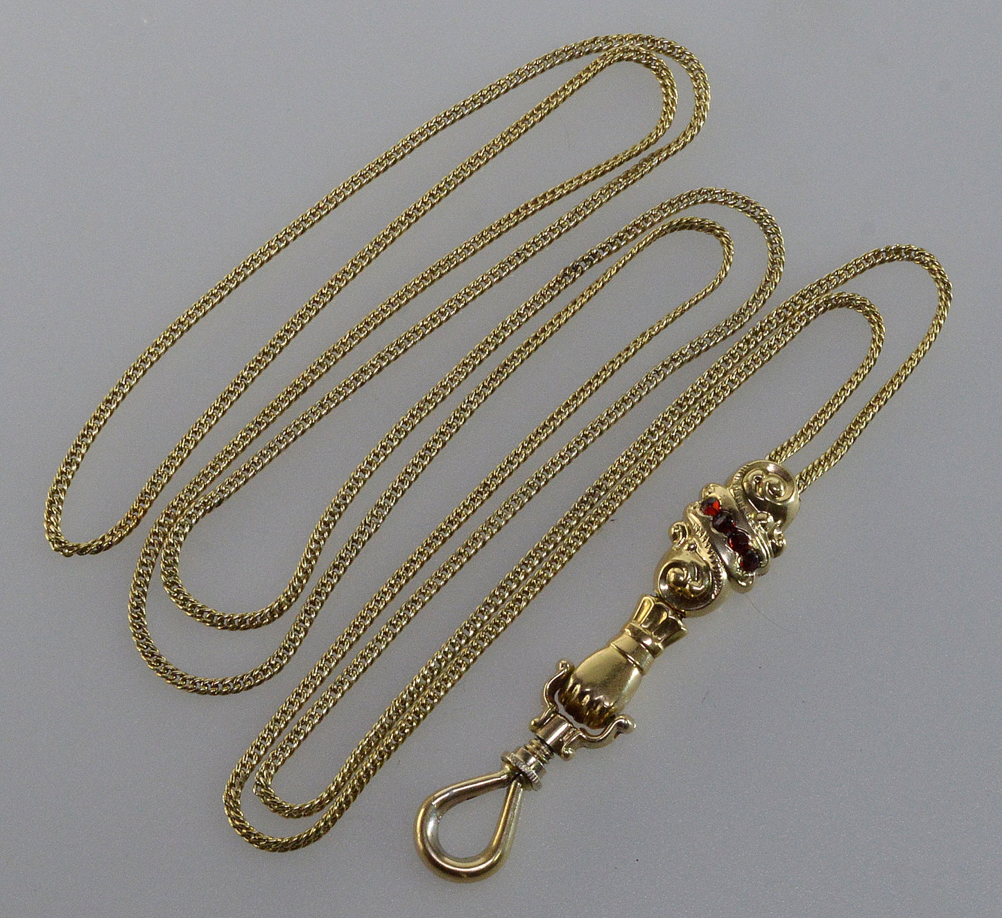Antique Georgian 14K 10K Gold Garnet Hand Fist Necklace Slide Guard Chain C.1820