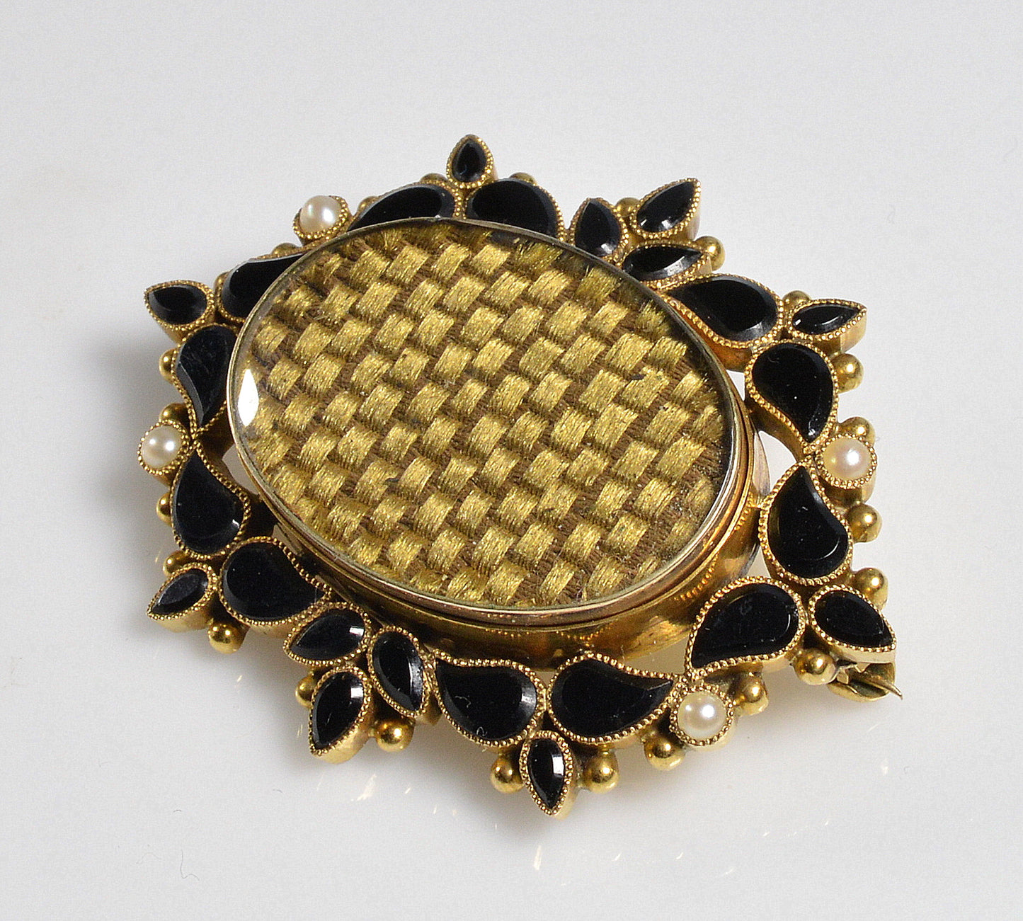Victorian 14K Gold Onyx Mourning Brooch Braided Hair C.1860