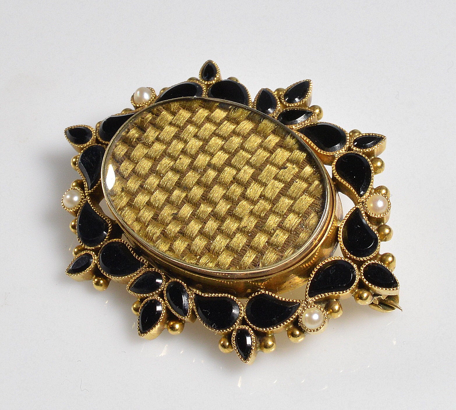 Victorian 14K Gold Onyx Mourning Brooch Braided Hair C.1860