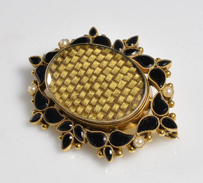Victorian 14K Gold Onyx Mourning Brooch Braided Hair C.1860