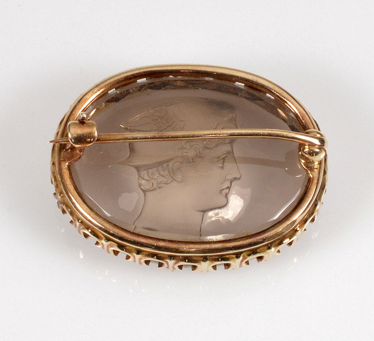 Antique Edwardian 10K Gold Hermes Cameo Brooch Pin Carved Smoky Quartz C.1900