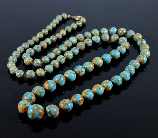 Art Deco Czech Hubbell Turquoise Glass Graduated Bead Necklace 32" C.1920