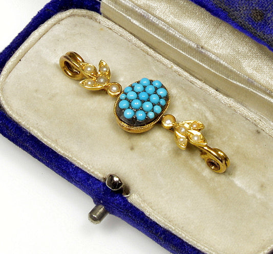 Antique Victorian 14K Gold Natural Turquoise Seed Pearl Brooch Pin In Original Box C.1860