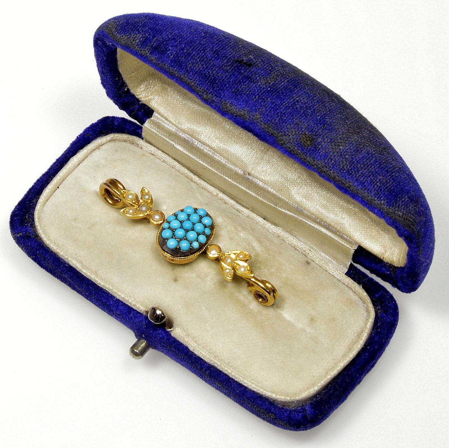 Antique Victorian 14K Gold Natural Turquoise Seed Pearl Brooch Pin In Original Box C.1860