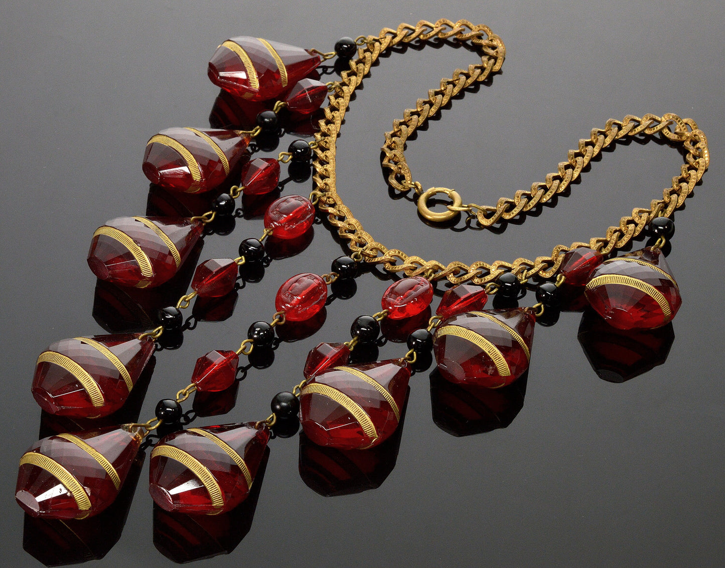 Art Deco Ruby Glass Cascade Necklace Signed Czechoslovakia C.1920