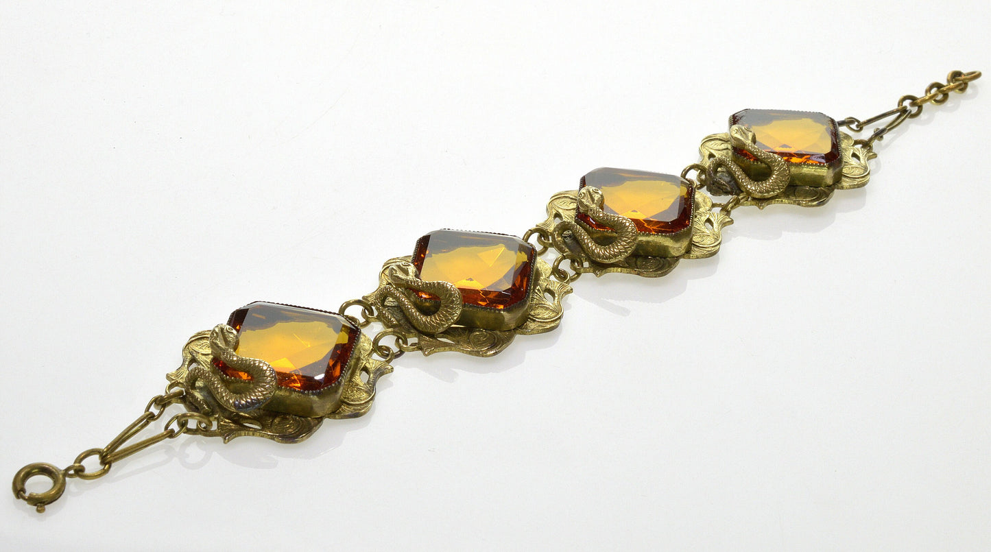 Antique Art Nouveau Egyptian Revival Brass Snake Czech Glass Bracelet C.1900