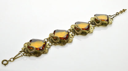 Antique Art Nouveau Egyptian Revival Brass Snake Czech Glass Bracelet C.1900