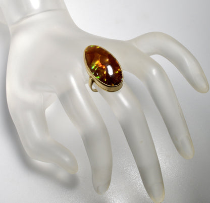 Rainbow Fire Agate 14K Gold Cocktail Ring Size 7