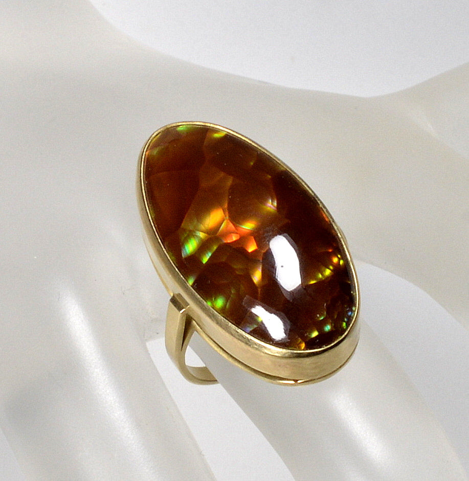Rainbow Fire Agate 14K Gold Cocktail Ring Size 7