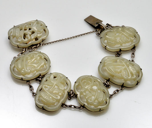 Antique Qing Dynasty Mutton Fat Jade Sterling Bracelet Chinese C.1860