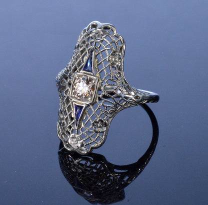 Art Deco 18K White Gold Diamond Sapphire Ring Size 5 3/4
