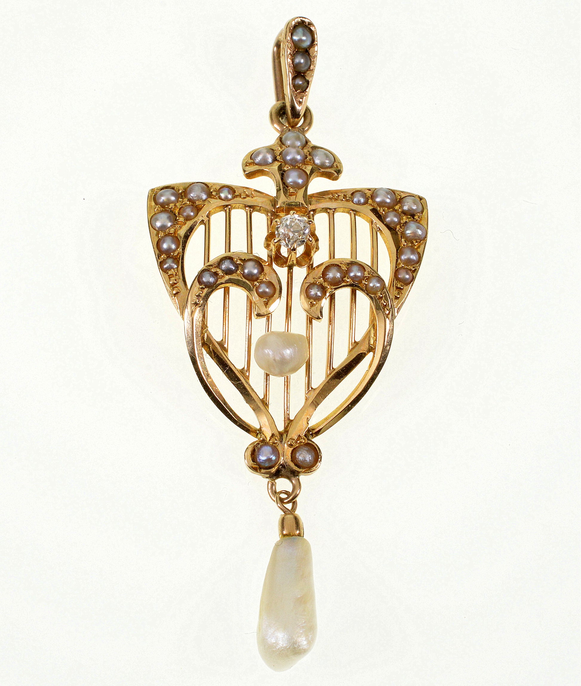 Antique Edwardian 14K Gold Diamond Pearl Pendant C.1900