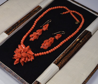 Victorian Salmon Red Coral 14K Gold Necklace Earrings Set C.1860
