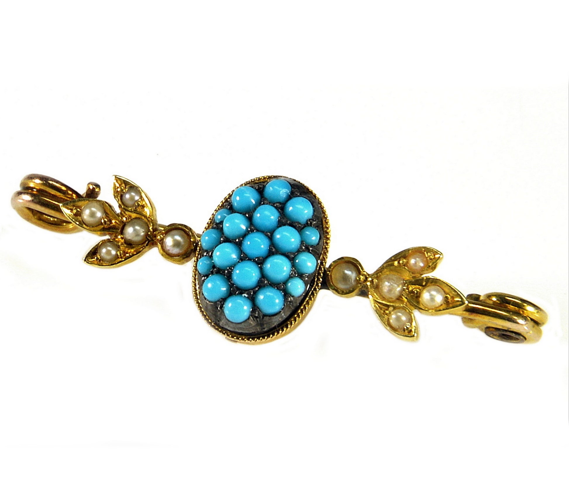 Antique Victorian 14K Gold Natural Turquoise Seed Pearl Brooch Pin In Original Box C.1860