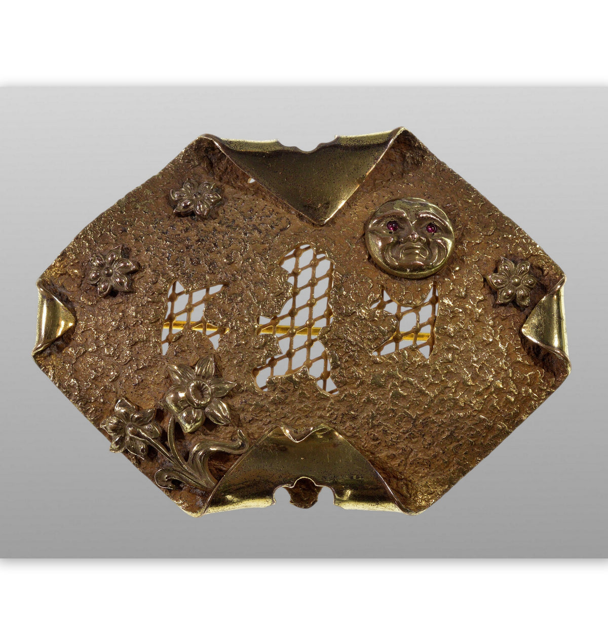 Antique Art Nouveau Man In The Moon Brass Garnet Brooch Pin C.1900