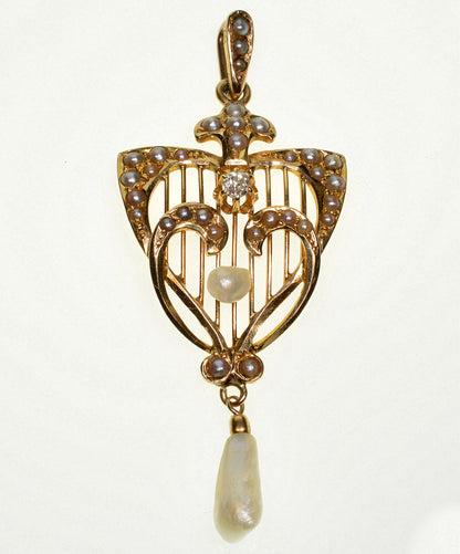 Antique Edwardian 14K Gold Diamond Pearl Pendant C.1900