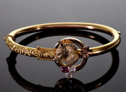 Victorian Horse Head 14K Gold Bangle Bracelet Diamond Ruby Size 6 1/2" C.1890