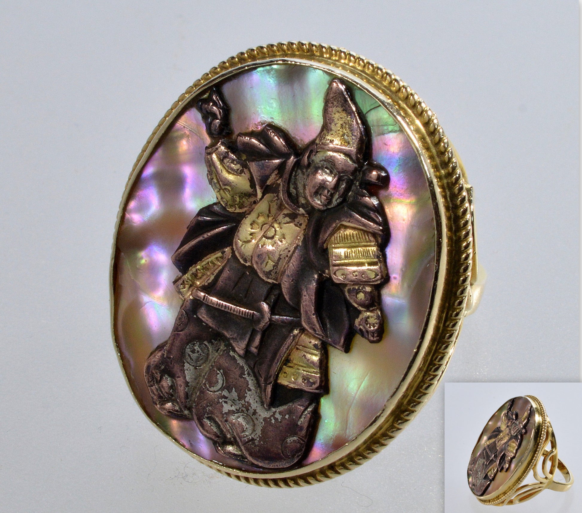 Antique 14K Gold Shakudo Mixed Metal Samurai Ring Size 6 1/2 C.1890