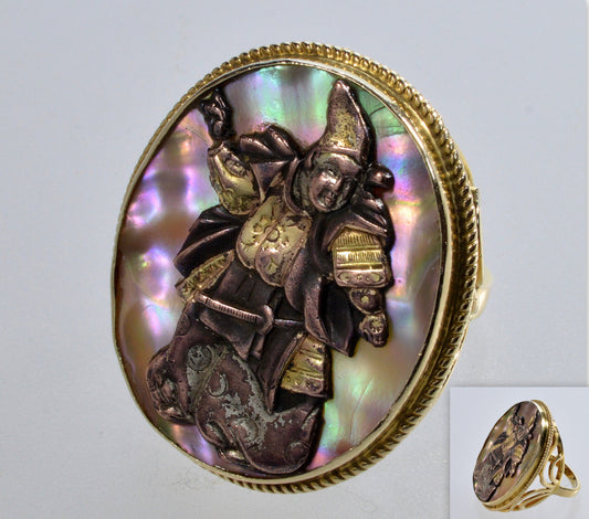 Antique 14K Gold Shakudo Mixed Metal Samurai Ring Size 6 1/2 C.1890