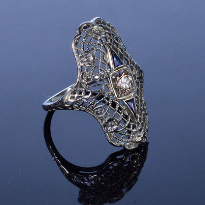 Art Deco 18K White Gold Diamond Sapphire Ring Size 5 3/4