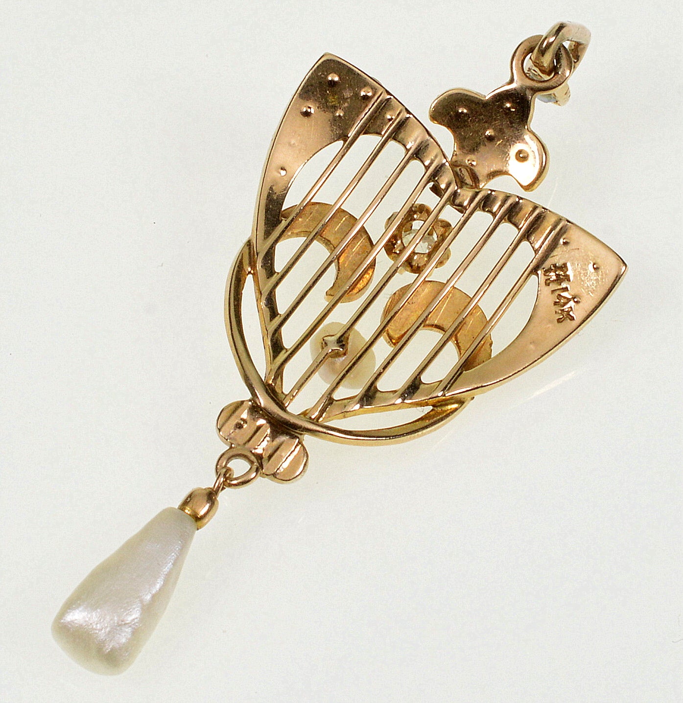 Antique Edwardian 14K Gold Diamond Pearl Pendant C.1900