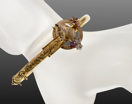 Victorian Horse Head 14K Gold Bangle Bracelet Diamond Ruby Size 6 1/2" C.1890