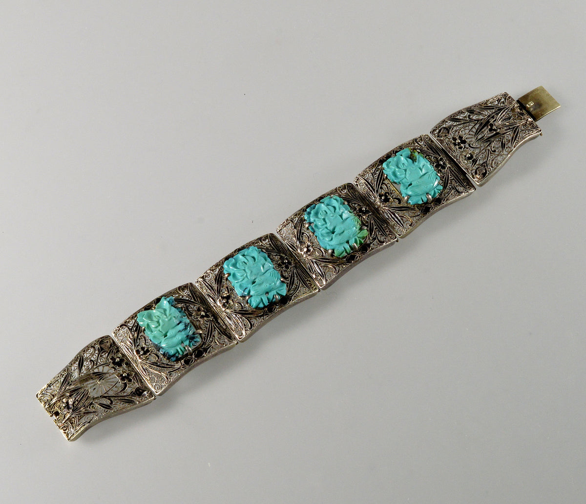 Antique Chinese Carved Turquoise Enamel Silver Bracelet C.1890