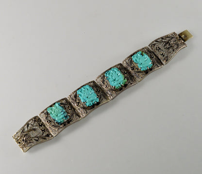 Antique Chinese Carved Turquoise Enamel Silver Bracelet C.1890