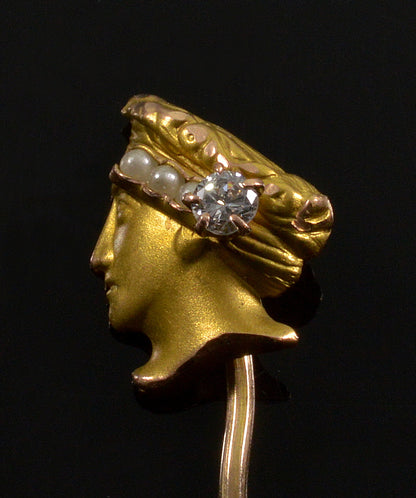 Art Nouveau Neoclassical 10K Diamond Pearl Stick Pin C.1900