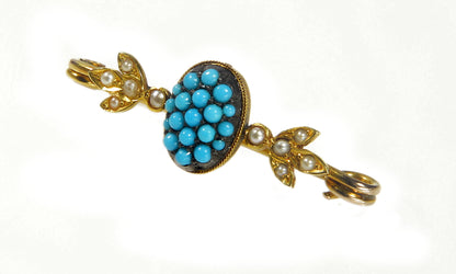 Antique Victorian 14K Gold Natural Turquoise Seed Pearl Brooch Pin In Original Box C.1860