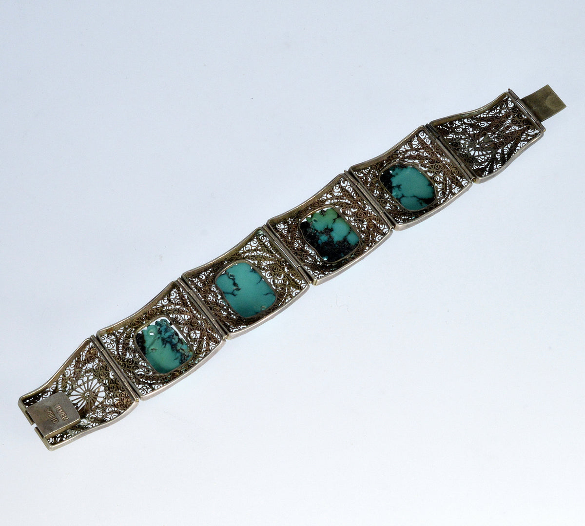 Antique Chinese Carved Turquoise Enamel Silver Bracelet C.1890